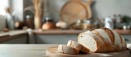 Poster - Copy space image of table with freshly baked homemade bread and sliced bread, showcasing simple and traditional food from a side view.