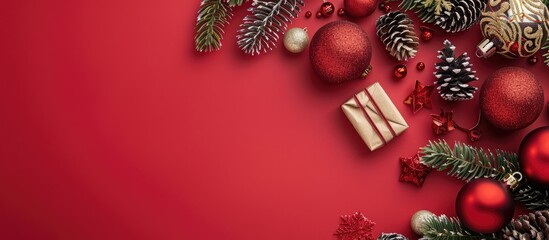 Poster - Christmas decorations and notes arranged on a red background to create a festive scene with copy space image.