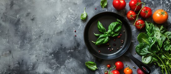 Poster - An arrangement on a grey table featuring a frying pan, fresh produce, and room for text in a copy space image.