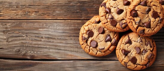 Poster - Close-up of chocolate chip cookies on a wooden table with copy space image available.