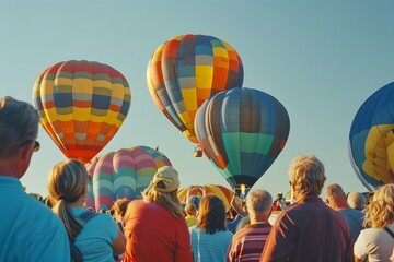 Wall Mural - A colorful hot air balloon festival with balloons in various shapes and sizes rising into the clear morning sky, surrounded by spectators 