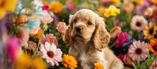 Poster - An adorable English Cocker spaniel puppy is seated charmingly amidst vibrant flowers in the image with ample copy space.