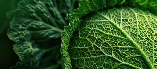 Poster - Close-up shot of a crinkled green savoy cabbage leaf, ideal as a food background with selected focus on a textured copy space image.
