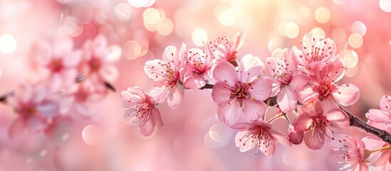 Poster - Close-up of cherry blossoms on a branch, with copy space image available.