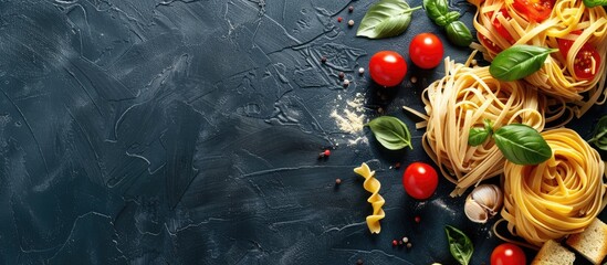 Poster - Cooking concept with a variety of pasta displayed in a top-view copy space image.