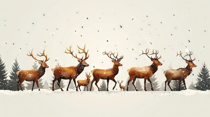 Wall Mural -   A herd of deer standing together on a snow-covered field in front of a forest