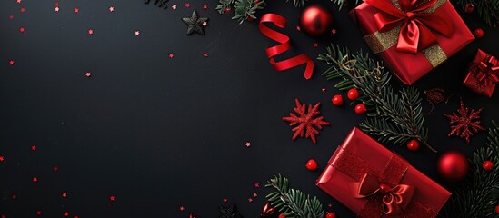 Poster - Abstract Christmas background featuring a starry tablecloth, gift boxes, and copy space image on a black table.