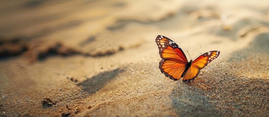 Aufkleber - Butterfly flying gracefully over sandy texture, creating a serene natural background ideal for a vacation beach concept with ample copy space image.