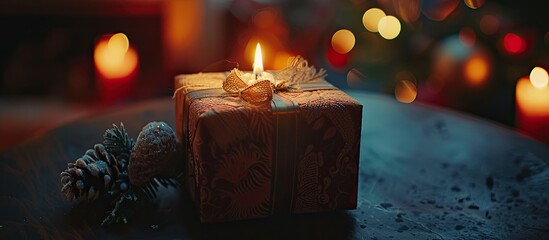 Poster - Candlelit close-up of a gift box with copy space image.