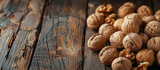 Poster - Close-up view of a pile of walnuts on a wooden surface with ample copy space image.