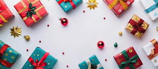 Poster - Colorful Christmas gift boxes displayed on a white background in a top-down flat lay arrangement, to portray a festive holiday sale concept with copy space image.