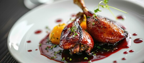 Poster - Close-up view with selective focus of duck confit in dark cherry glaze accompanied by a quince puree infused with herbs, against a plain background for a copy space image.