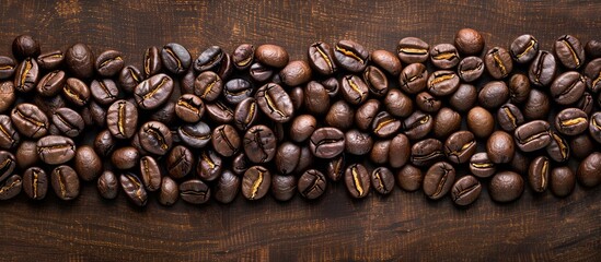Poster - Bird's eye view of dark brown roasted coffee beans split in half, with room for text or graphics, copy space image.