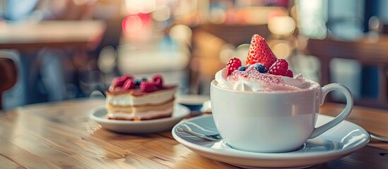 Poster - Enjoying coffee with dessert on a table with a vibrant copy space image.