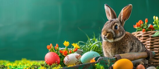 Aufkleber - Easter-themed gardener's tools with a rabbit, Easter eggs, and flowers displayed on a vibrant green backdrop, providing an attractive copy space image.