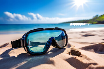 Wall Mural - A pair of scuba diving goggles, resting on the sandy beach, invites you to explore the vibrant underwater world. The azure waters and the clear blue sky create a sense of tranquility and adventure.