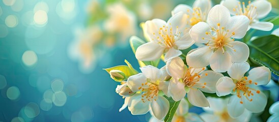 Poster - Elegant jasmine flowers on vibrant backdrop with copy space image.