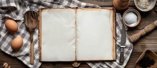Aufkleber - Flat lay of a blank recipe book and kitchen utensils on an aged wooden table with the possibility to add text in the copy space image.