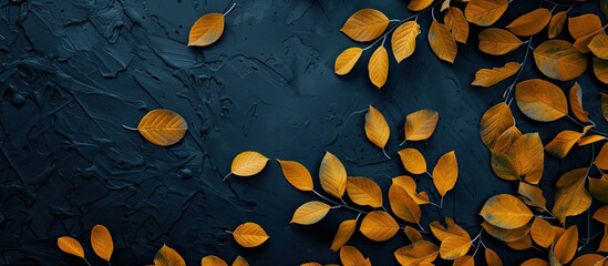 Poster - Floral greeting card with a fall theme featuring yellow leaves on a dark background, perfect for Thanksgiving, with room for text or images. image with copy space