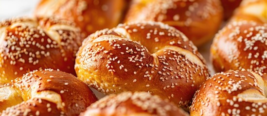 Poster - Close-up of freshly baked pretzel buns topped with sesame seeds, representing a traditional German, Austrian, or Swiss pastry, isolated on a white background with ample copy space image.
