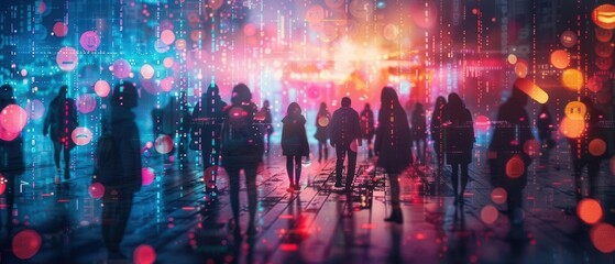 Concept art of tech-savvy people surrounded by glowing digital icons and global network