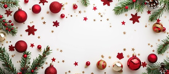 Poster - Festive Christmas-themed backdrop featuring ornaments like Christmas balls, pine branches, and red/gold stars on a white background. Top view, ideal for text or graphics, with ample space for