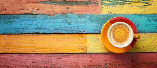 Poster - Coffee cup placed on a colorful wooden surface with copy space image.