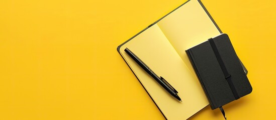 Poster - Business notebook and pen on a yellow background with ample copy space image.
