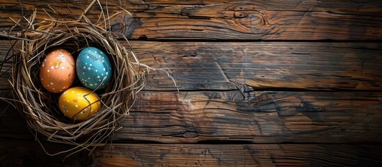 Aufkleber - Easter-themed with eggs on wooden backdrop featuring a copy space image.