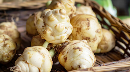 Sticker - Close-up of fresh kohlrabi bulbs in a rustic woven basket