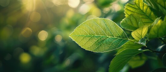 Poster - Close-up view of a green leaf under sunlight, with natural green plants in the background, ideal for a copy space image.