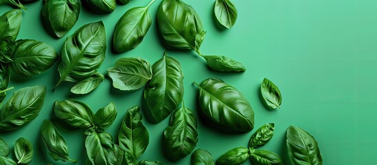 Poster - Basil leaves on a bright backdrop with copy space image.