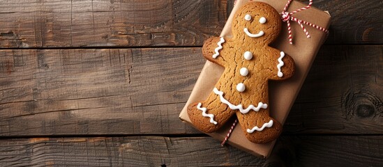 Poster - Christmas-themed gift box with gingerbread and ornament on wooden backdrop, offering copy space image.