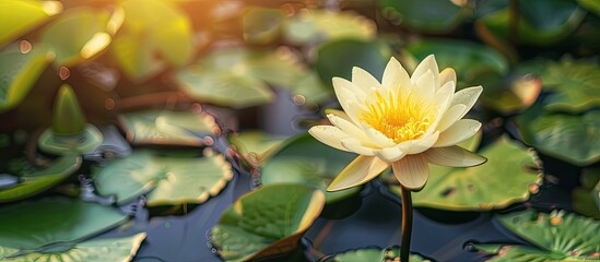 Aufkleber - Blooming yellow lotus (waterlily) with yellow pollen in the center and green leaves in a pond, suitable for designs like banners or web headers with copy space image.
