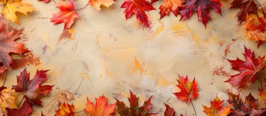 Poster - Colorful autumn leaves surrounding a blank copy space image set against a subtle beige backdrop.
