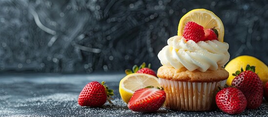Poster - Cupcakes topped with strawberries and lemons on a dark backdrop with copy space image available.