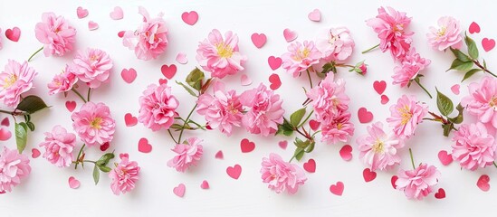 Poster - Elegant postcard perfect for Valentine's Day or weddings featuring pink flowers and scattered hearts on a white backdrop, ideal for a copy space image.