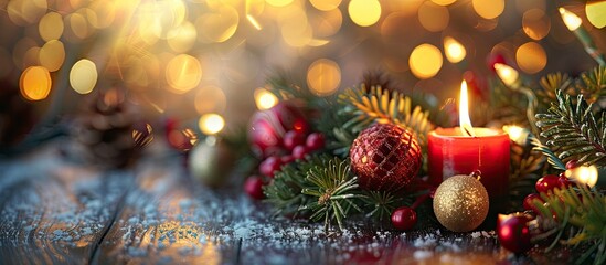 Poster - Festive Christmas decorations include a candle, xmas toys, and a New Year and Christmas background in a copy space image.