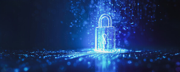 Poster - Digital security lock icon glowing on blue background