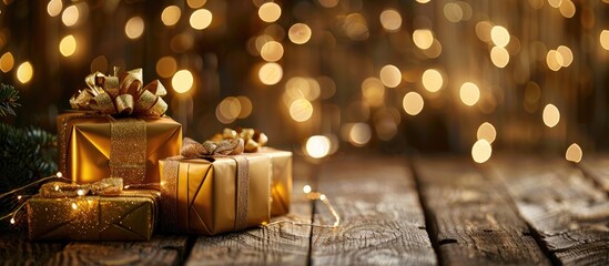 Poster - Bronze and golden gift boxes on a wooden background with string lights glowing, perfect for a copy space image, embody a Christmas and New Year holiday theme.
