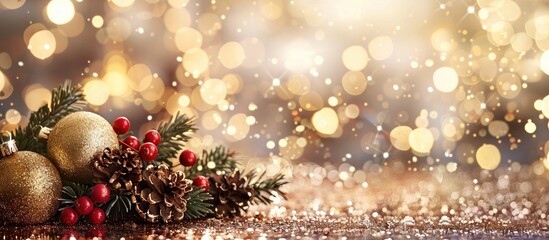 Poster - Christmas decorations beautifully displayed on a glittery abstract background with copy space image.