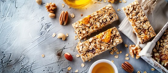 Poster - Cereal bars with nuts, muesli, and honey, with a blank space for your own image. image with copy space