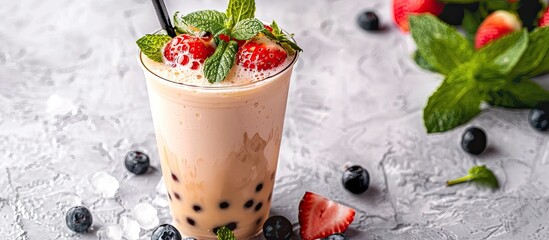 Poster - Delicious mint milk bubble tea on a light grey tabletop with copy space image.