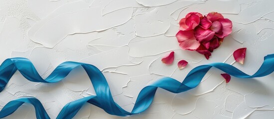 Poster - Flat lay composition featuring a petal flower atop a white background adorned with a blue ribbon, evoking ideas relating to Valentine's Day, love, and weddings, with copy space image.