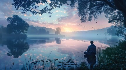 Man fishing by a serene lake at dawn