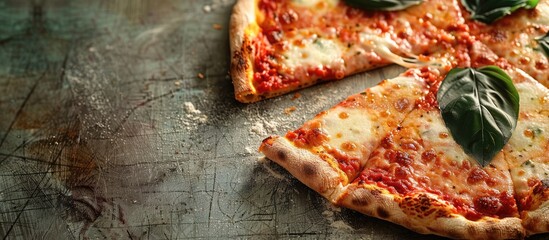 Poster - Close-up of a Pizza Margherita with a missing slice, displaying copy space image.