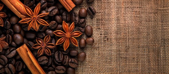 Aufkleber - Brown burlap background with roasted coffee beans, anise stars, and cinnamon sticks. Hot orange-brown hues with room for text in the image. image with copy space