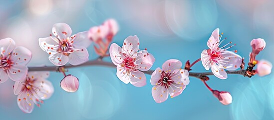 Poster - Cherry blossoms bloom on branches set against a blue sky, embodying the essence of spring, with a focused view and available copy space image.