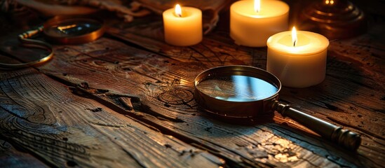 Aufkleber - Antique mahogany table with candles, a serene setting for text, and a vintage magnifying glass, creating a nostalgic copy space image.