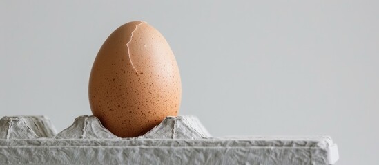 Poster - Close-up of a fresh chicken egg on an egg box against a white background, including a fragile egg shell, perfect for cooking or healthy eating concepts, with copy space image.